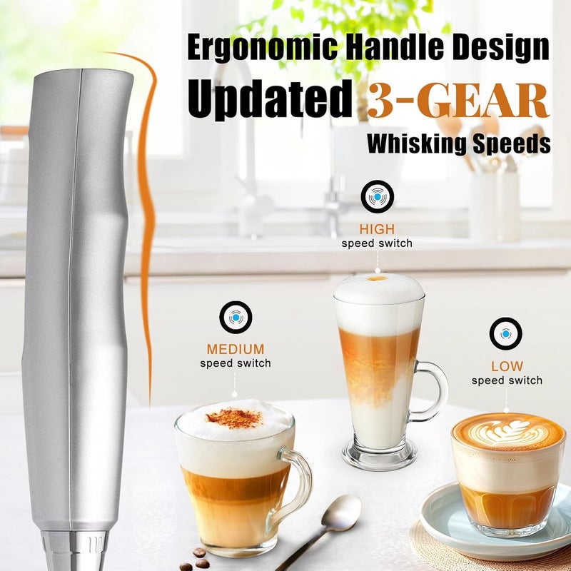 Nahida Silver Milk Frother Wand for Coffee, Frother Handheld Rechargeable Electric Whisk with 3 Heads 3 Speeds Drink Mixer Coffee Frother Foam Maker For Latte, Cappuccino, Hot Chocolate, Egg - Image 3